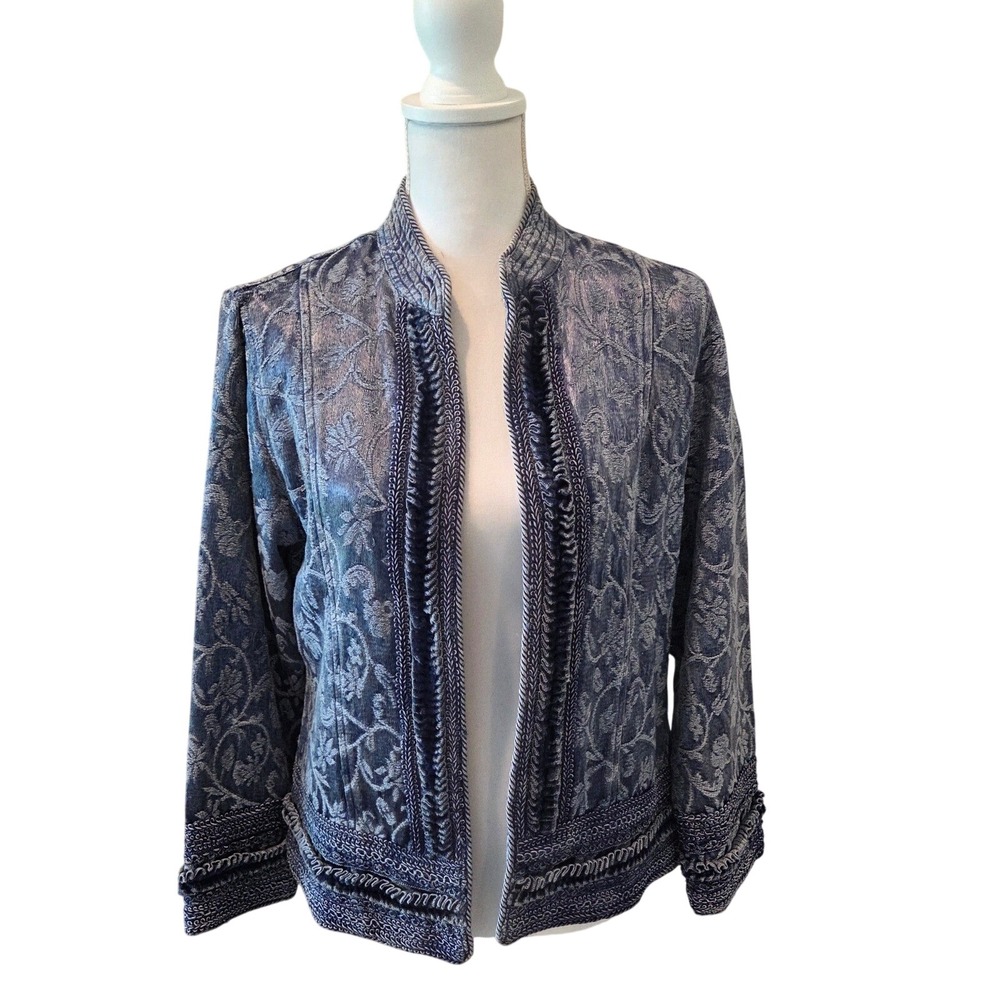 Vintage Choices Blue Tapestry Open Front Jacket Soutache Trim Boho Women's Small